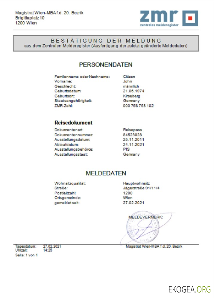 Autriche ZMR Zentrales Melderegister Modèle de document du registre central des résidents au format Word